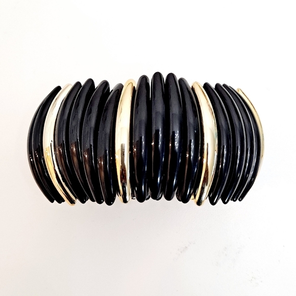 💖 2/$30 Chunky Gold & Black Stretch Cuff Bracelet Statement Bangle Stackable - Picture 8 of 9